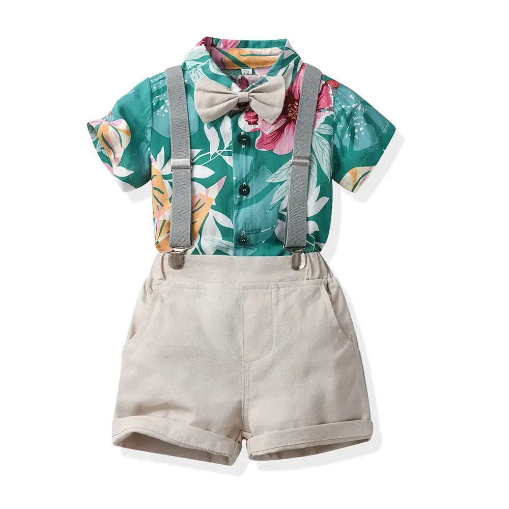 Boys Summer Suit Flower Shirt Short Sleeve Cotton Shorts - Image 3