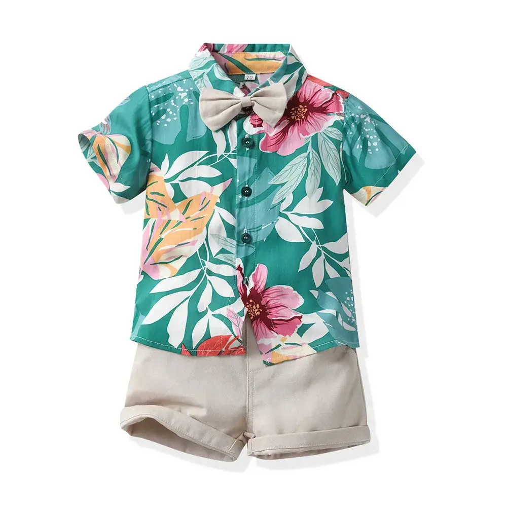Boys Summer Suit Flower Shirt Short Sleeve Cotton Shorts - Image 4
