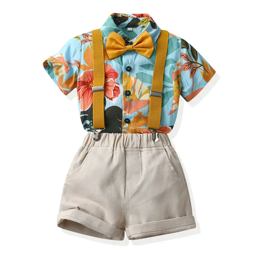 Boys Summer Suit Flower Shirt Short Sleeve Cotton Shorts - Image 5