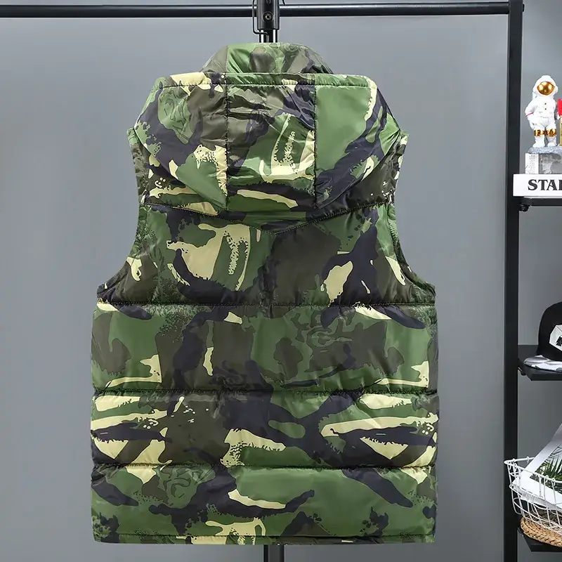 Men's Camo Hooded Cotton Vest Winter Hooded Sleeveless Outerwear