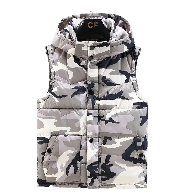 Men's Camo Hooded Cotton Vest Winter Hooded Sleeveless Outerwear