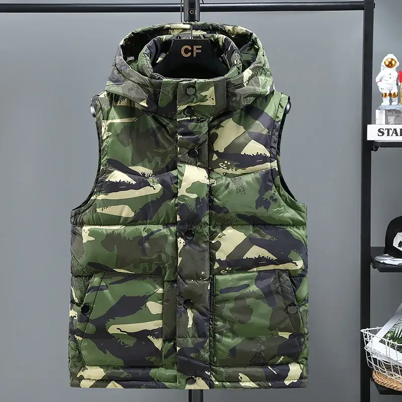 Men's Camo Hooded Cotton Vest Winter Hooded Sleeveless Outerwear