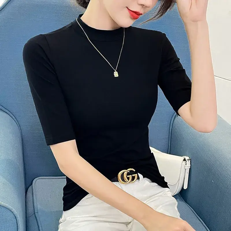 Women's 5Q Sleeve Pure Cotton Turtleneck Summer Top - Image 7