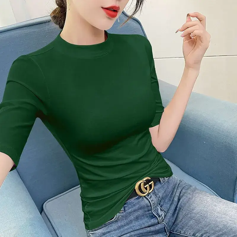 Women's 5Q Sleeve Pure Cotton Turtleneck Summer Top - Image 8