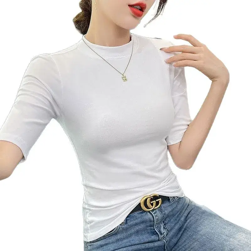 Women's 5Q Sleeve Pure Cotton Turtleneck Summer Top - Image 10