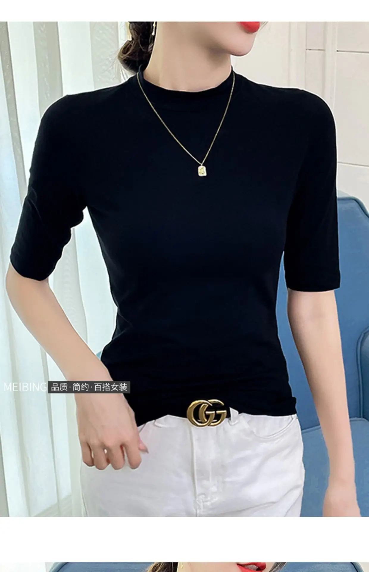 Women's 5Q Sleeve Pure Cotton Turtleneck Summer Top — feature 10