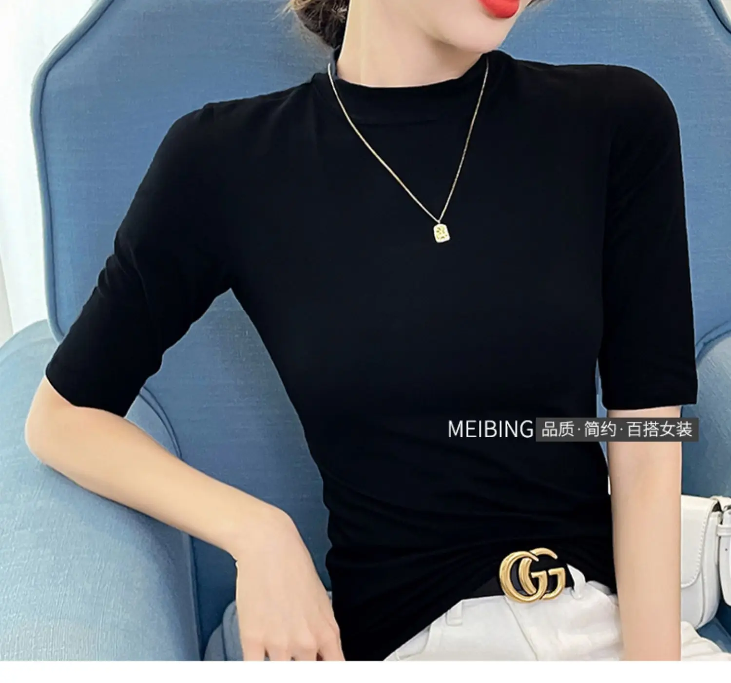Women's 5Q Sleeve Pure Cotton Turtleneck Summer Top — feature 11