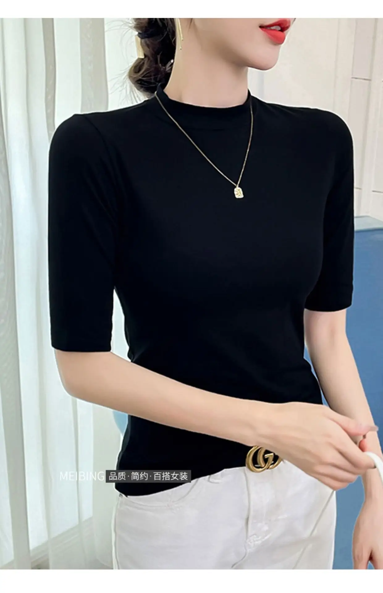 Women's 5Q Sleeve Pure Cotton Turtleneck Summer Top — feature 12