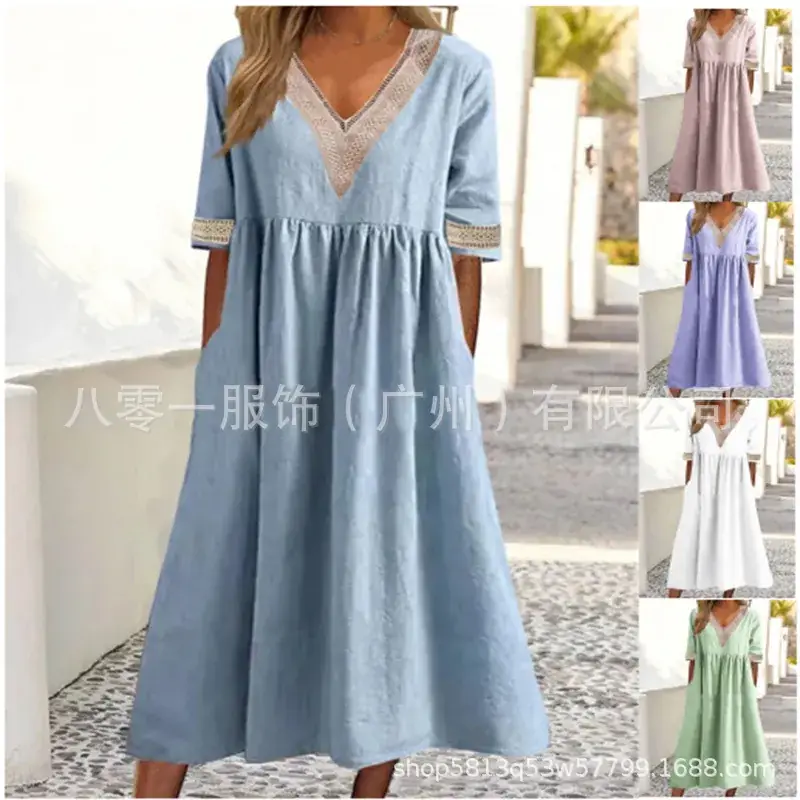 Light Pink V-Neck Lace Dress for Women Spring Summer - Image 6