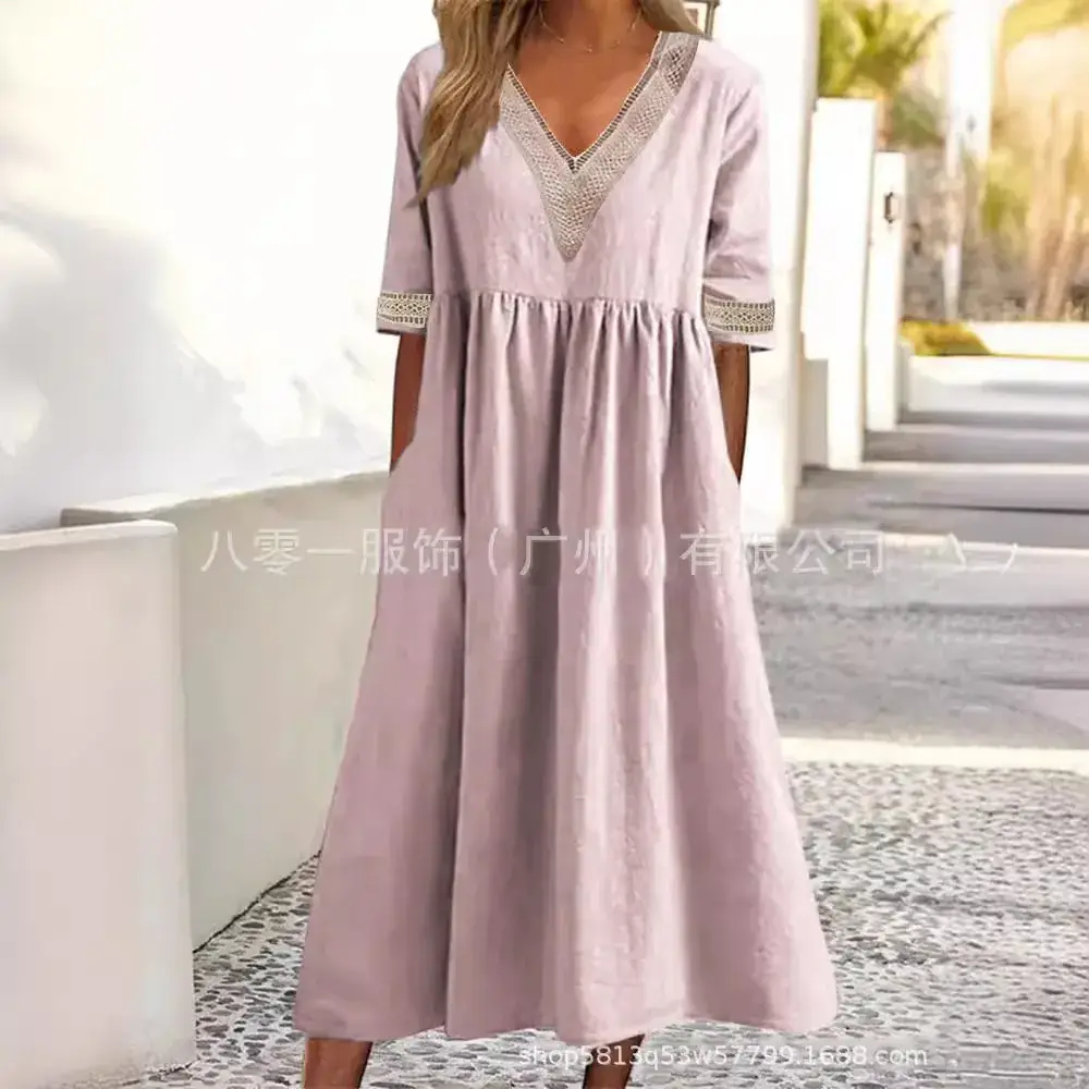 Light Pink V-Neck Lace Dress for Women Spring Summer - Image 7
