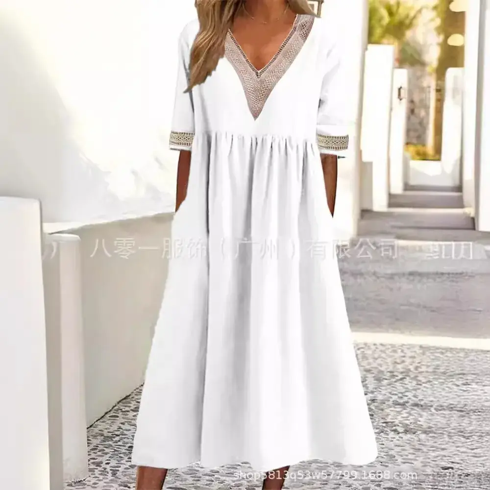 Light Pink V-Neck Lace Dress for Women Spring Summer - Image 8