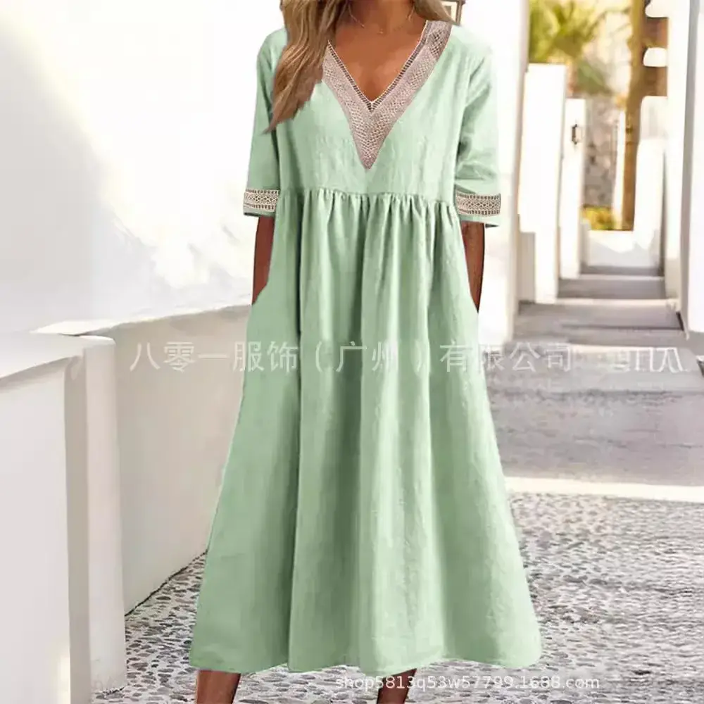 Light Pink V-Neck Lace Dress for Women Spring Summer - Image 9