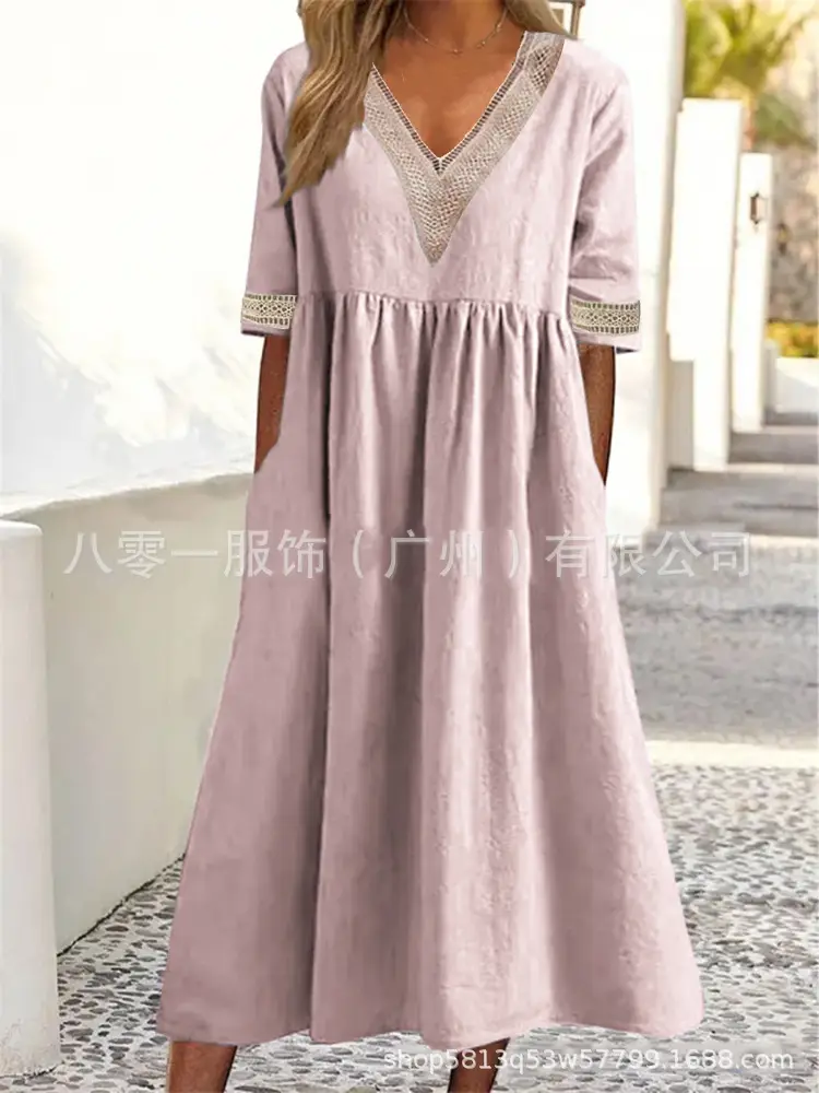 Light Pink V-Neck Lace Dress for Women Spring Summer — feature 5
