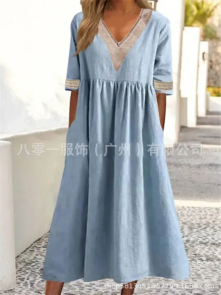 Light Pink V-Neck Lace Dress for Women Spring Summer - Image 2