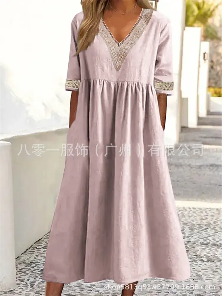 Light Pink V-Neck Lace Dress for Women Spring Summer - Image 3
