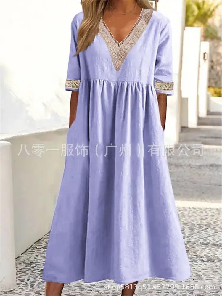 Light Pink V-Neck Lace Dress for Women Spring Summer - Image 4