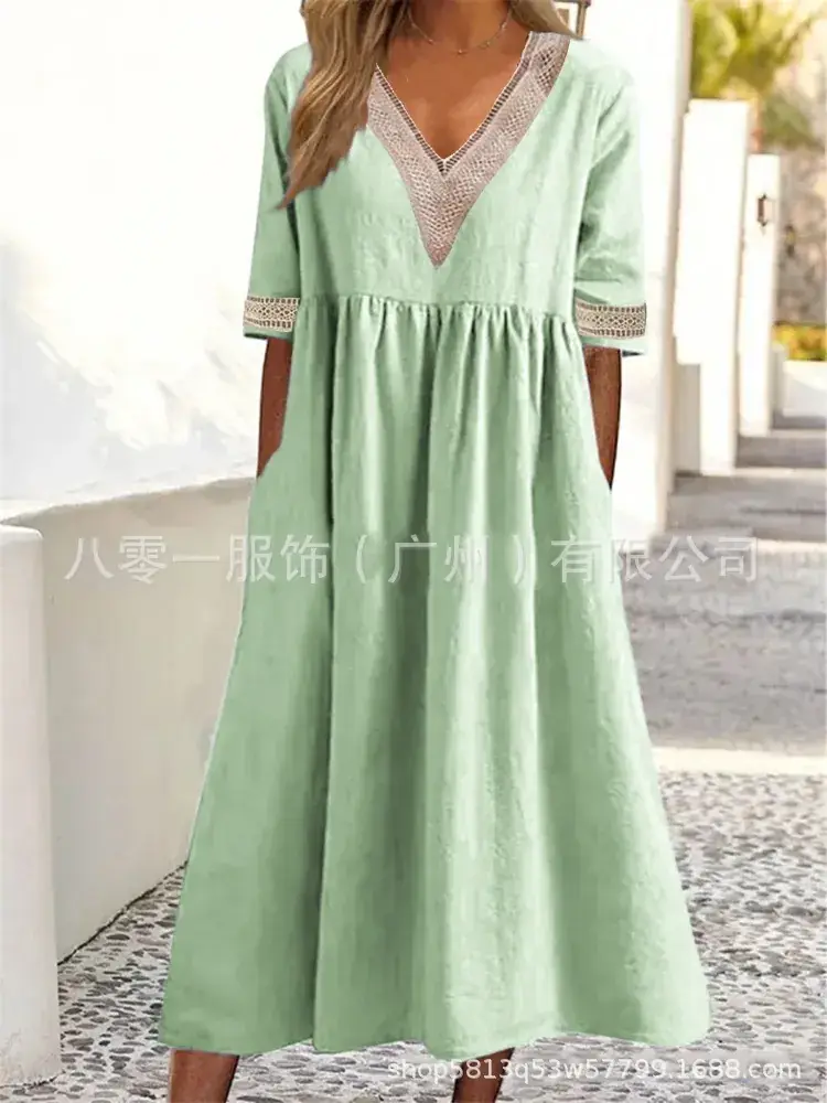 Light Pink V-Neck Lace Dress for Women Spring Summer - Image 5