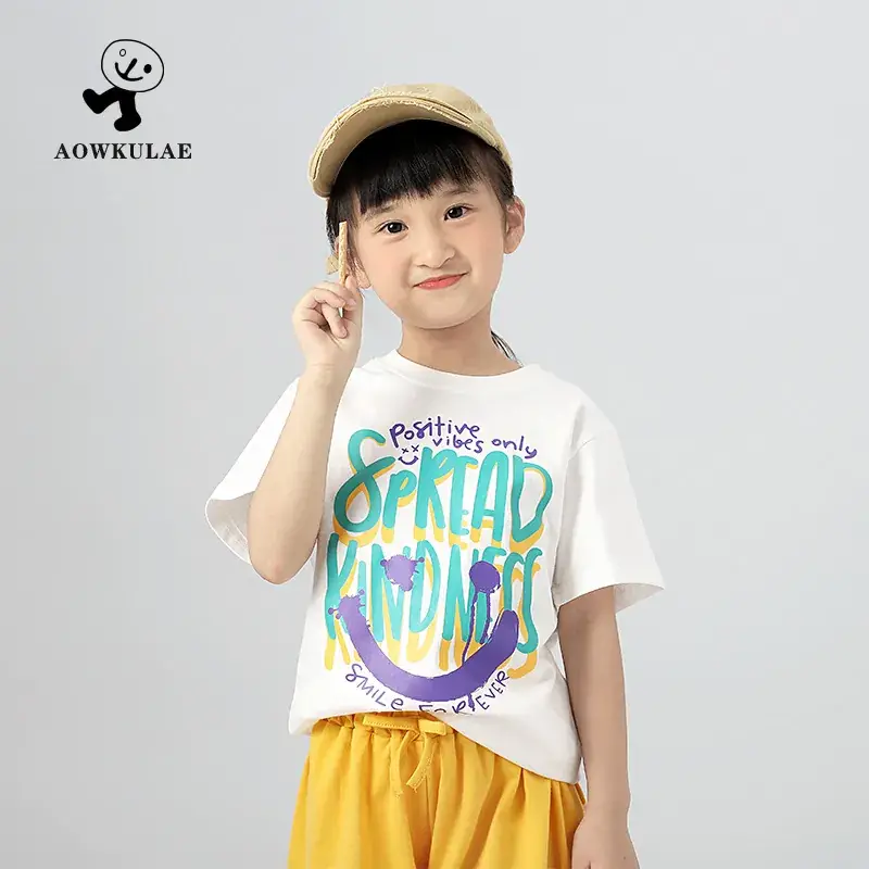 Korean Style Girls White Printed Short Sleeve T-Shirt Yellow Shorts Set - Image 4