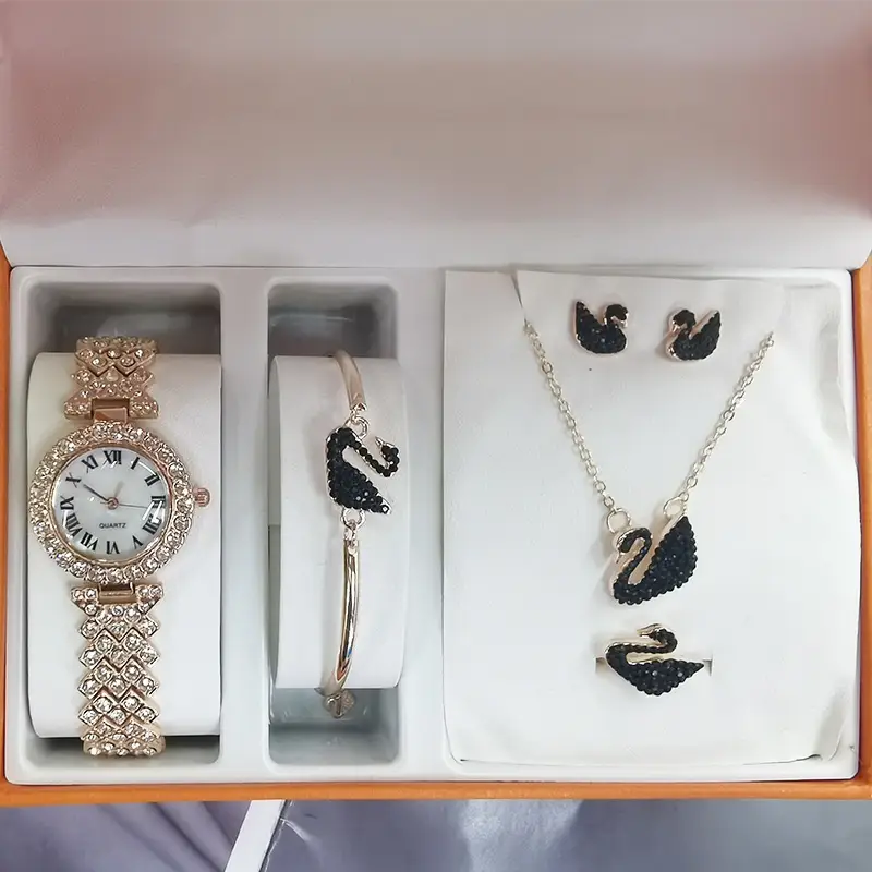 Ladies Quartz Watch Set with Bracelet Ring Earrings Necklace