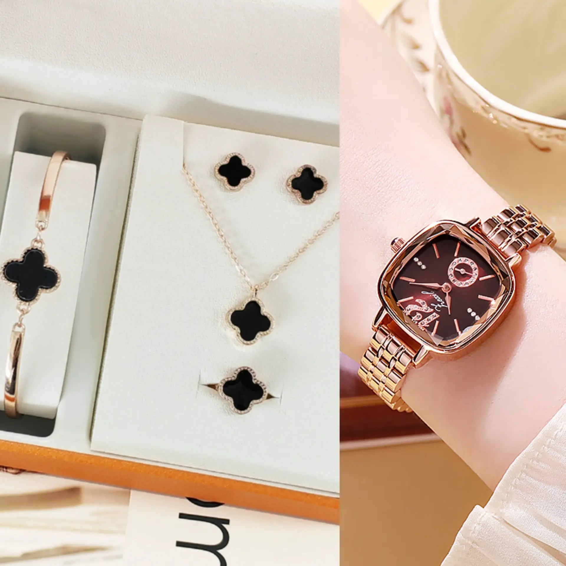 Ladies Quartz Watch Set with Bracelet Ring Earrings Necklace