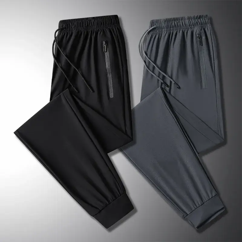 Men Ice Silk Leg-Tie Pants Black Large Elastic - Image 16