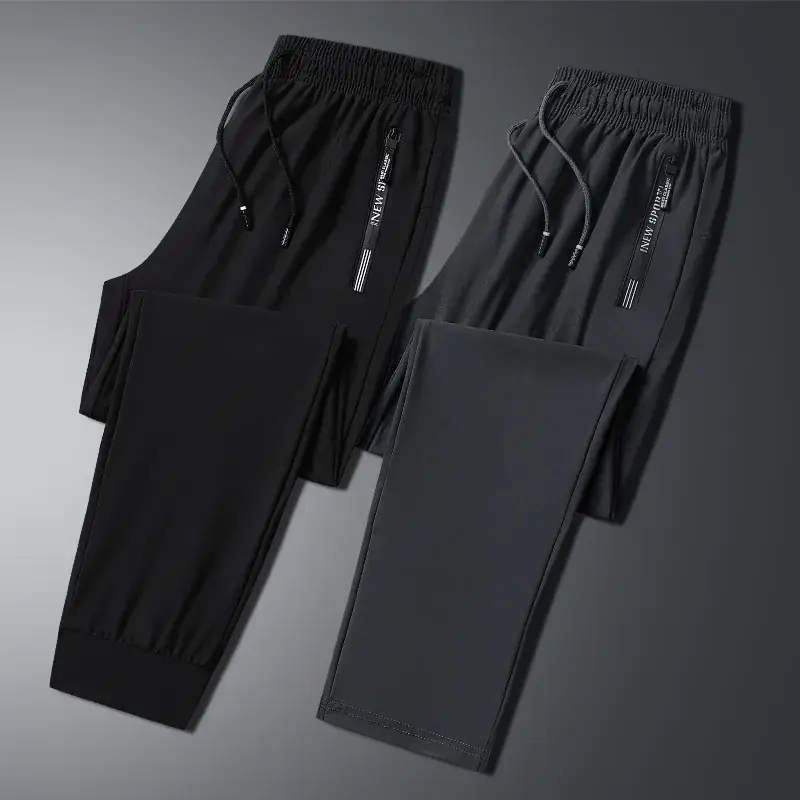 Men Ice Silk Leg-Tie Pants Black Large Elastic - Image 17