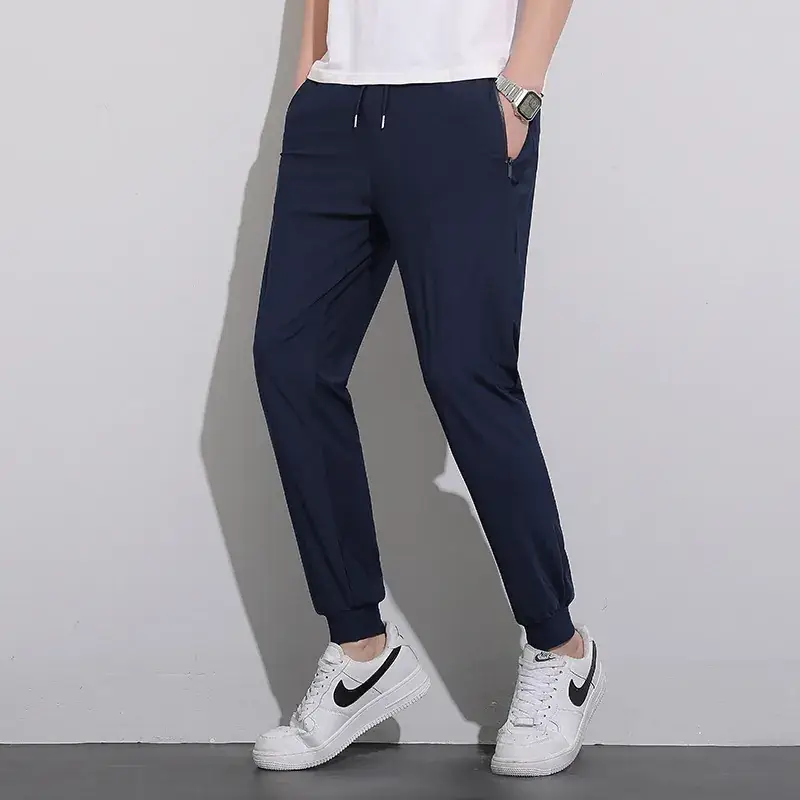 Men Ice Silk Leg-Tie Pants Black Large Elastic - Image 18