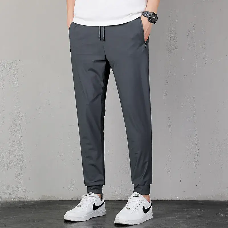 Men Ice Silk Leg-Tie Pants Black Large Elastic - Image 10