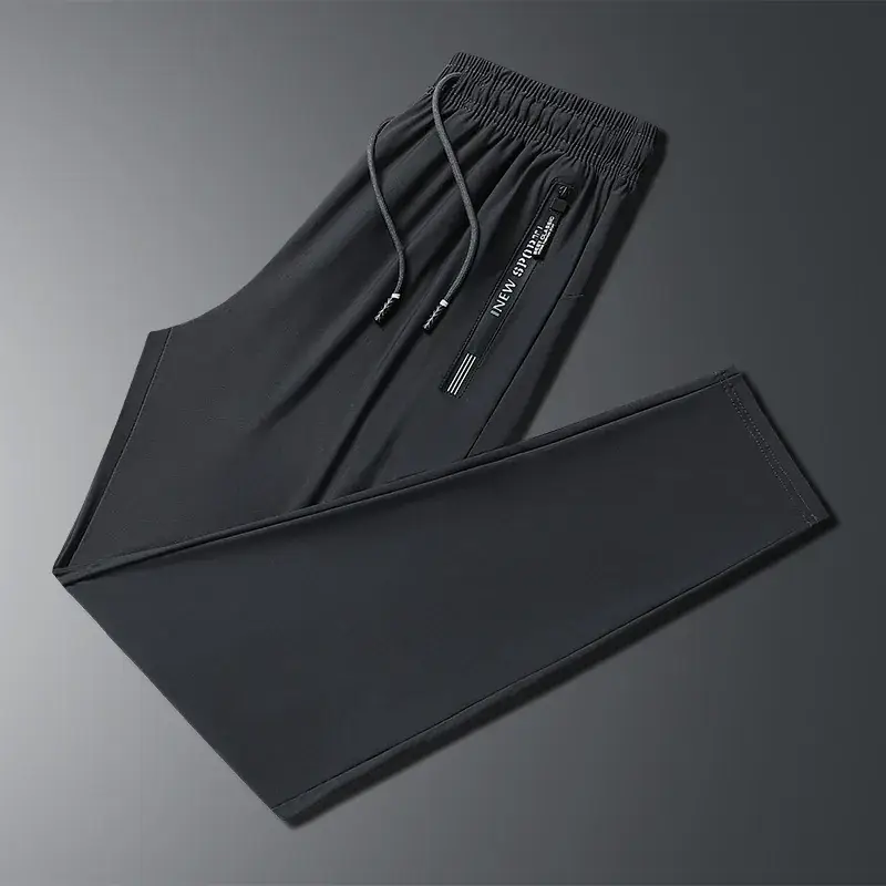 Men Ice Silk Leg-Tie Pants Black Large Elastic - Image 12