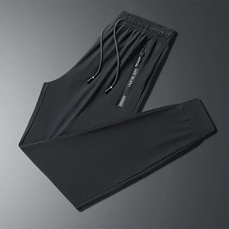 Men Ice Silk Leg-Tie Pants Black Large Elastic - Image 14