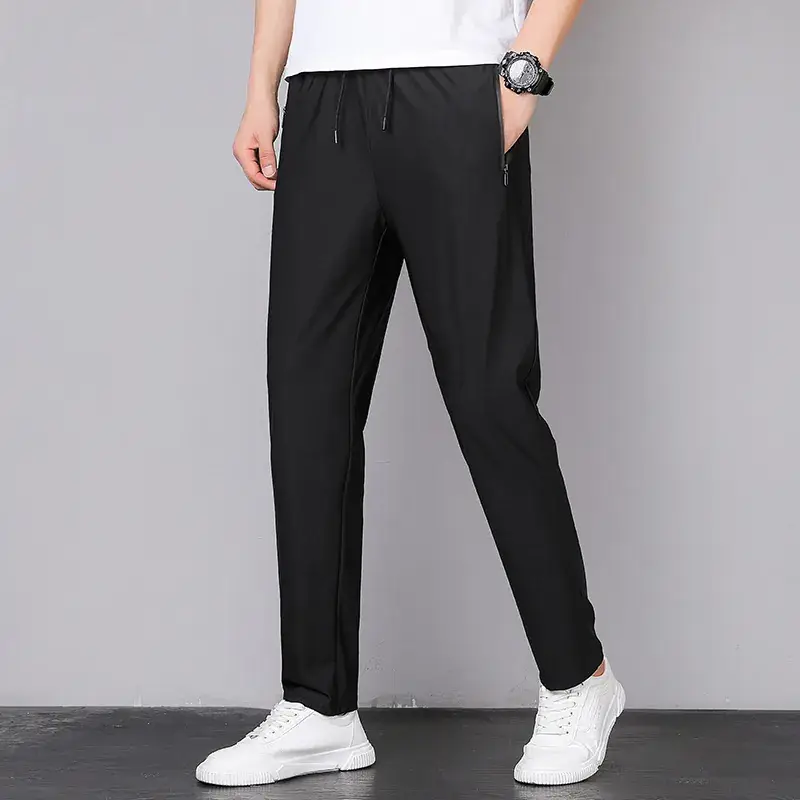Men Ice Silk Leg-Tie Pants Black Large Elastic - Image 7