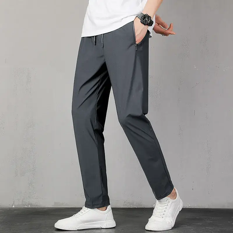 Men Ice Silk Leg-Tie Pants Black Large Elastic - Image 8