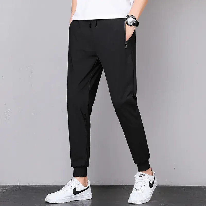 Men Ice Silk Leg-Tie Pants Black Large Elastic - Image 9