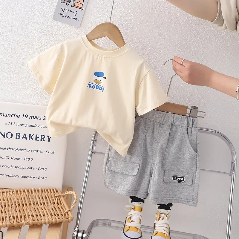 Baby Cotton T-Shirt Shorts Set Blue Grey Summer Split Boy's - Image 2