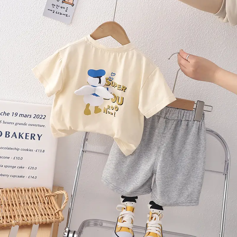 Baby Cotton T-Shirt Shorts Set Blue Grey Summer Split Boy's - Image 4