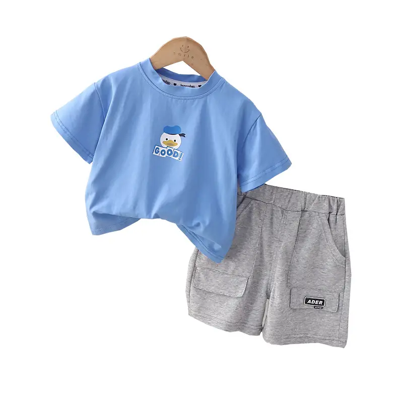 Baby Cotton T-Shirt Shorts Set Blue Grey Summer Split Boy's - Image 5