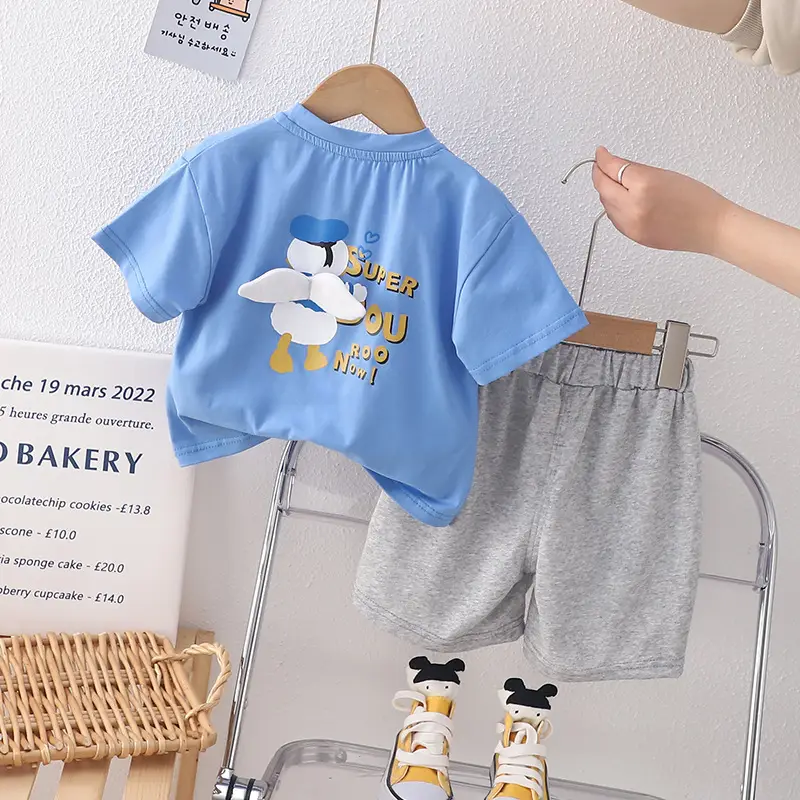 Baby Cotton T-Shirt Shorts Set Blue Grey Summer Split Boy's — feature 6
