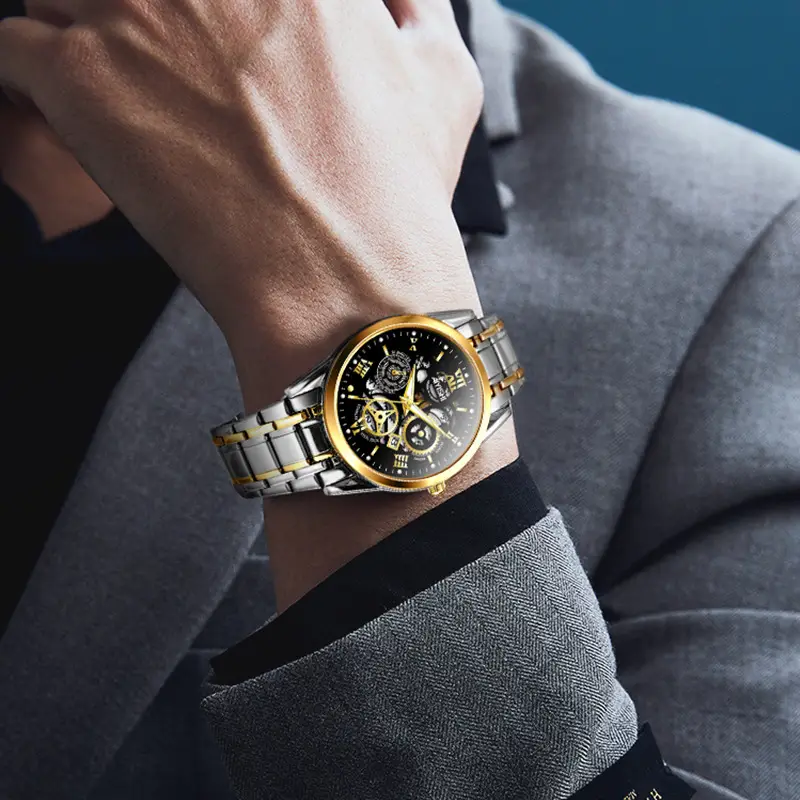 Men's Quartz Calendar Watch with Gold Steel Strap - Image 8