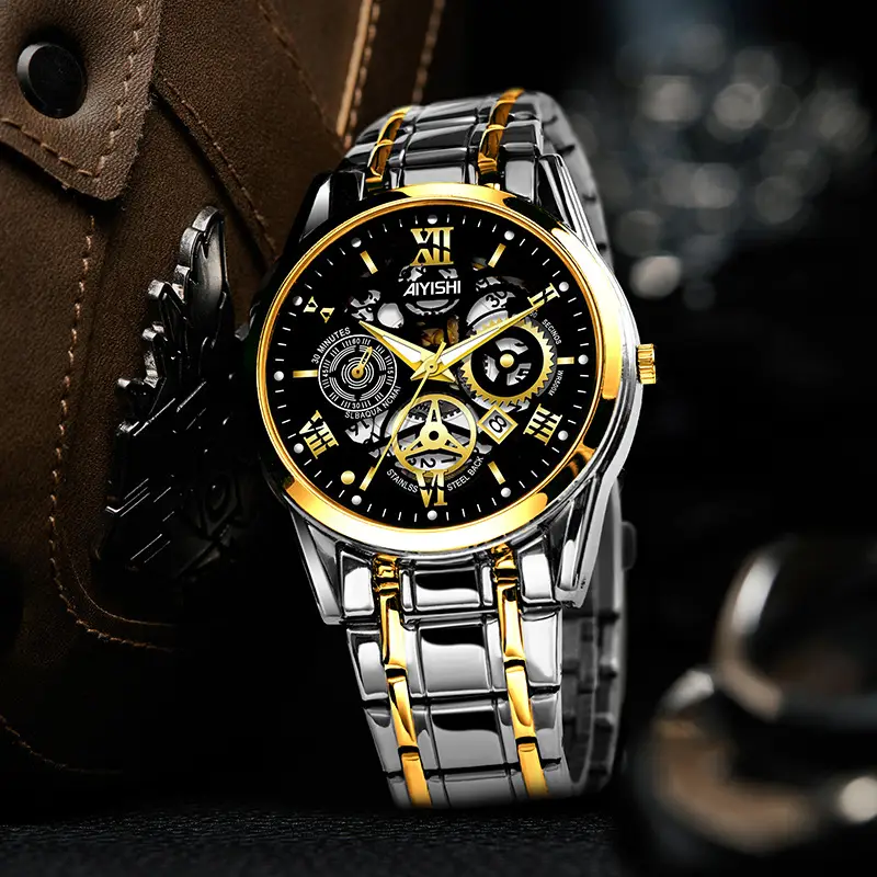 Men's Quartz Calendar Watch with Gold Steel Strap - Image 9