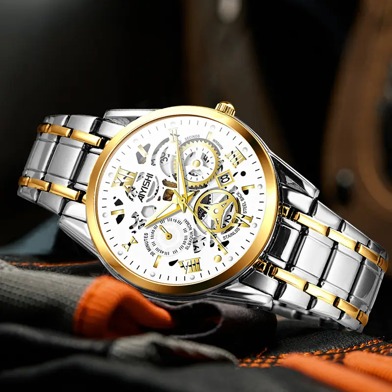 Men's Quartz Calendar Watch with Gold Steel Strap - Image 2