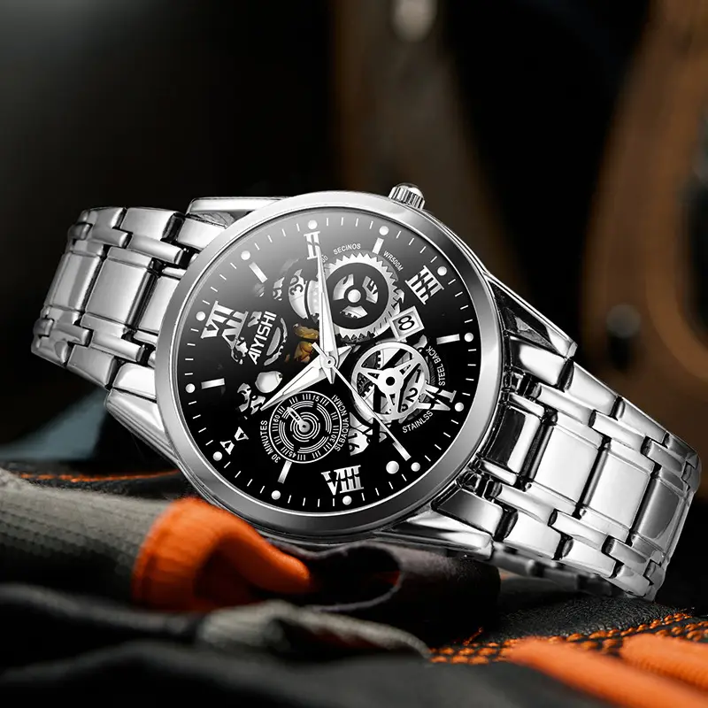 Men's Quartz Calendar Watch with Gold Steel Strap - Image 3