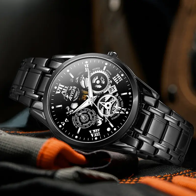 Men's Quartz Calendar Watch with Gold Steel Strap - Image 5
