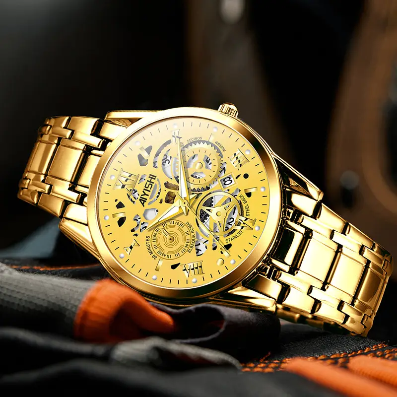 Men's Quartz Calendar Watch with Gold Steel Strap - Image 6