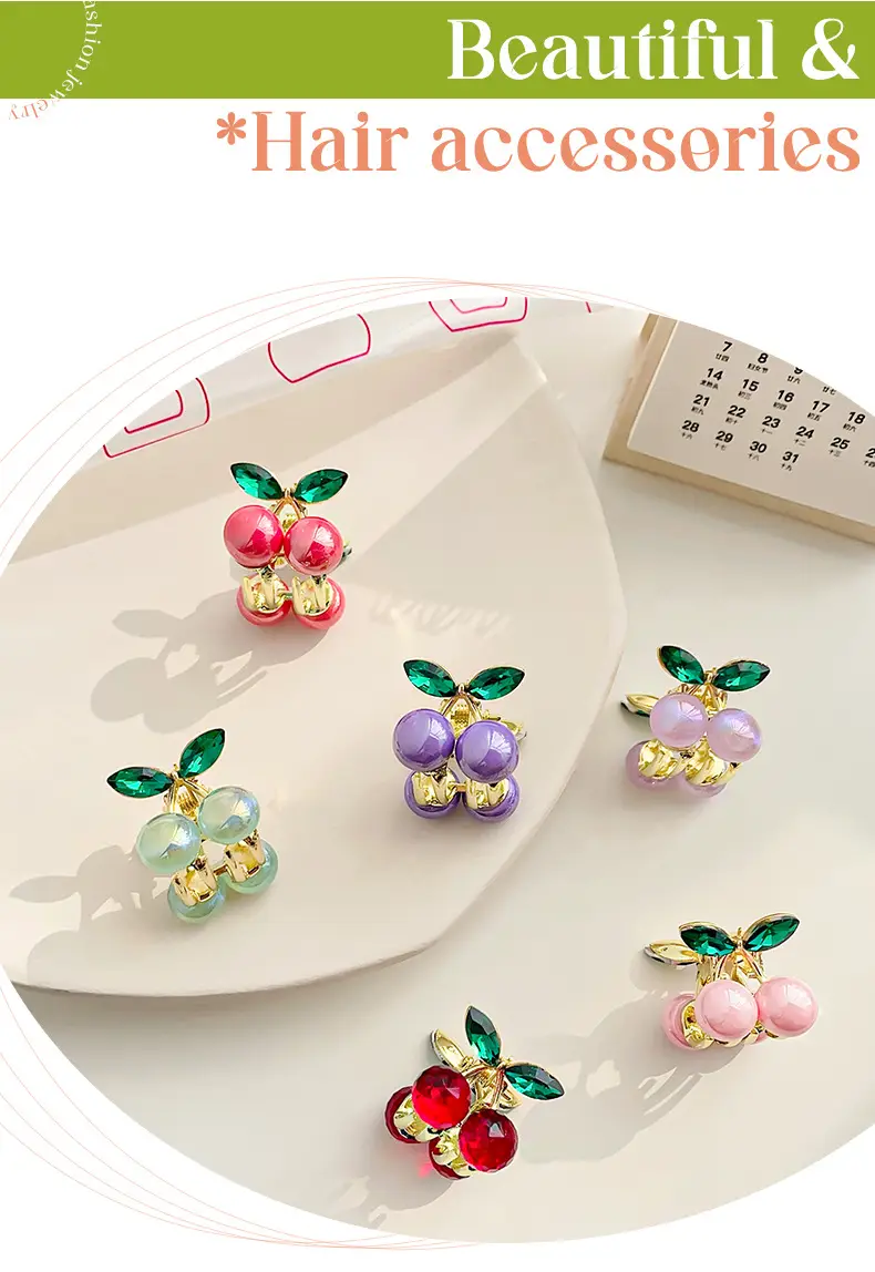 Alloy Cherry Hair Clip Red Green Mini Grab — feature 3