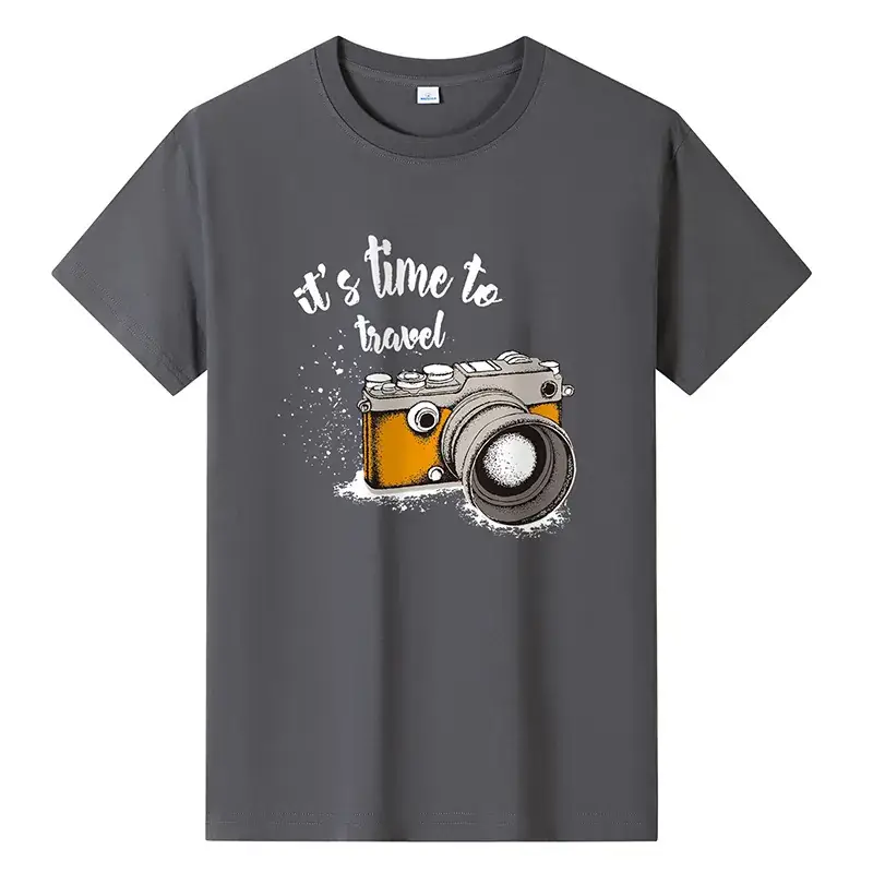 Men Printed T-Shirt Grey Summer Travel Camera Design - Image 13