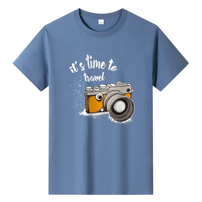 Men Printed T-Shirt Grey Summer Travel Camera Design - Image 14