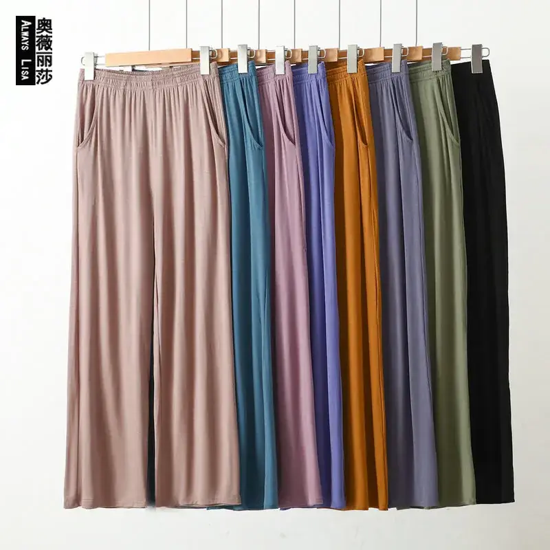 Black Wide-leg Pocket Modal Pajama Pants for Women - Image 23