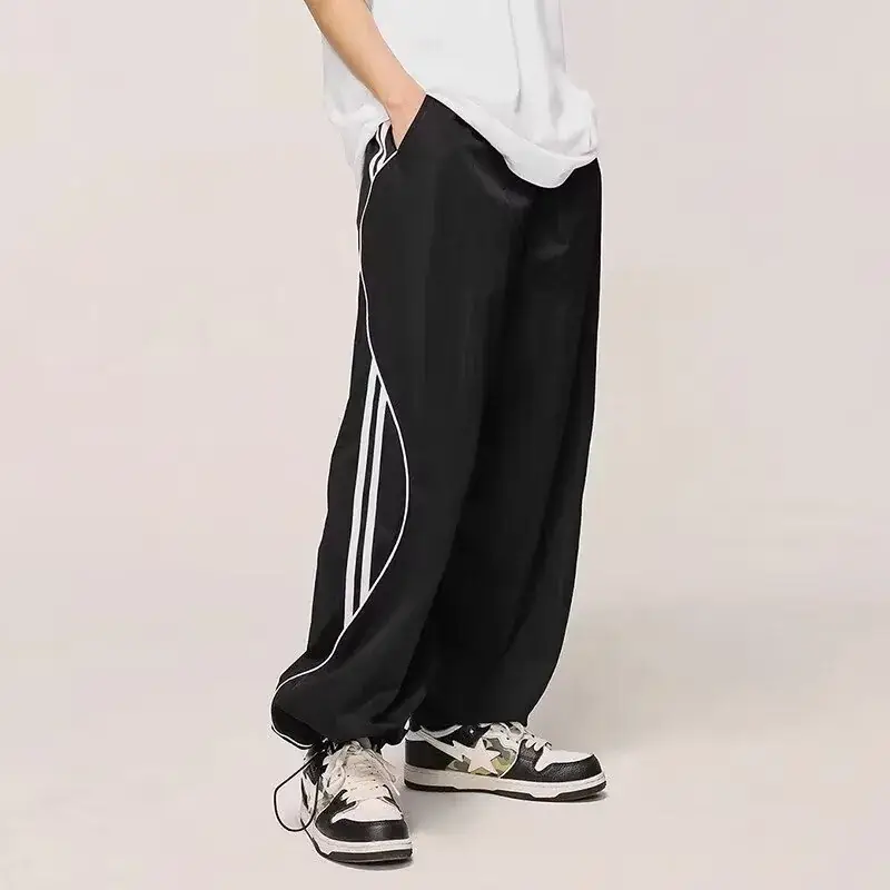 Men Wide Leg Striped Sports Pants Black Spring Fall - Image 4