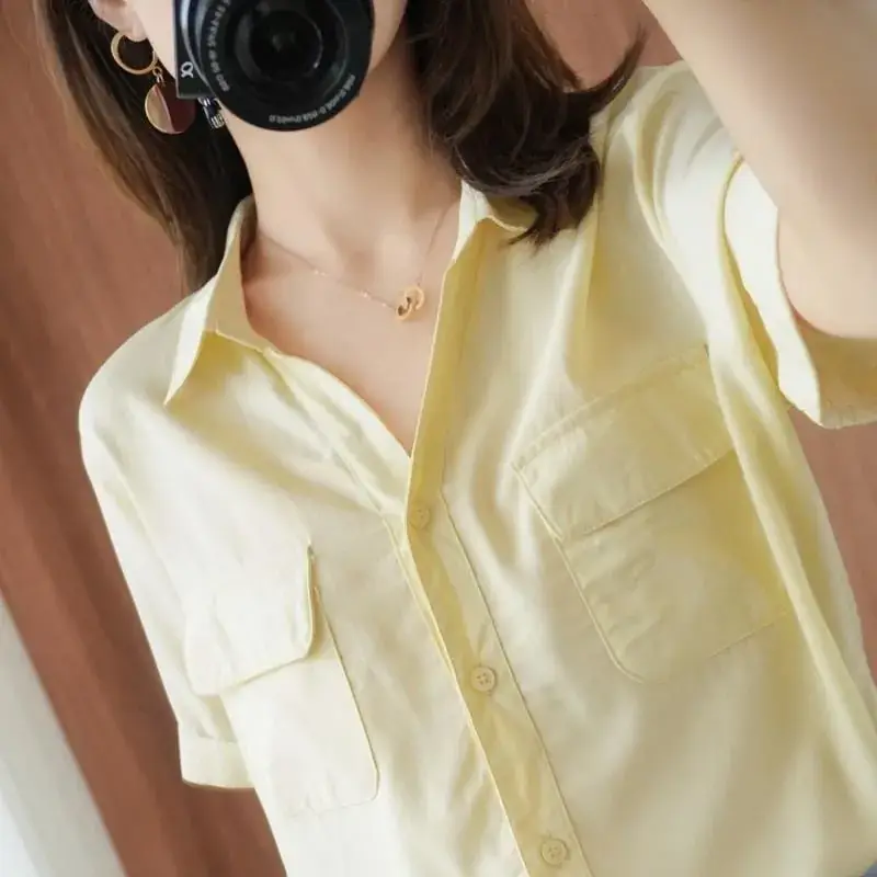 Women Korean Style Short Sleeve Yellow Shirt with Double Flap Pocket - Image 4