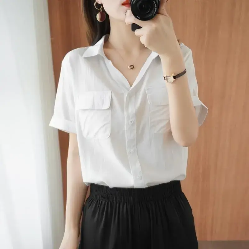 Women Korean Style Short Sleeve Yellow Shirt with Double Flap Pocket - Image 5